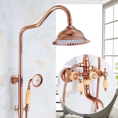 Brass and Jade Shower Faucet Telephone Wall Mount Gold Bathroom Faucet Hand Rain Shower Head Tap Luxury Brass Rain Shower Set