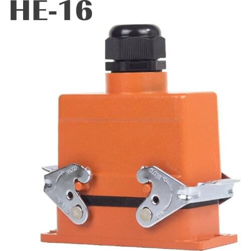 Heavy Duty Connectors HE series 16 pins core double buckle top side entry orange color with plastic cable gland one set