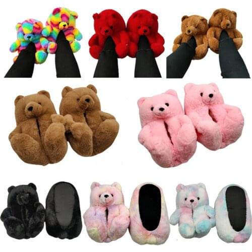 Women Home Indoor Soft Anti-slip Faux Fur Cute Slippers Winter Warm Shoes Cartoon Plush Teddy Bear Slippers EUR 36-40US 6-9