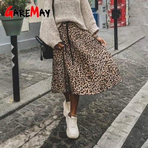 Vintage Leopard Print Pleated Midi Skirts Women Spring Autumn 2020 Korean Lady Elastic Waist Drawstring A-line Long Skirt Female