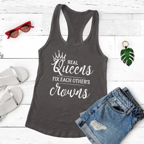 Womens Racerback Yoga Tank Summer Graphic Slogan Black Workout Shirt Vest Real Queens Fix Each Others Crowns Tank Tops
