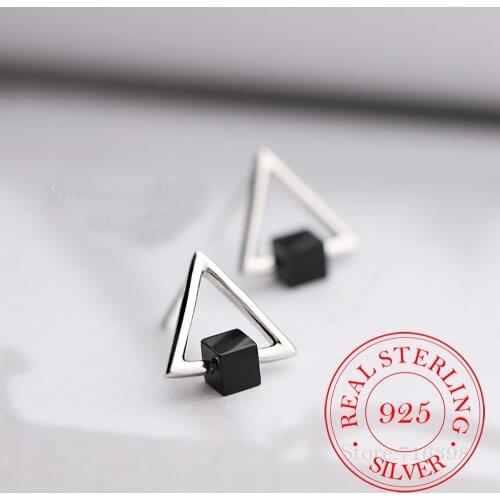 100% 925 Sterling Silver Black Square Hollow Triangle Stud Earrings for Women Prevent Allergy Earrings Sterling-silver-jewelry