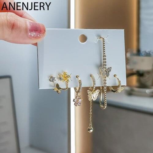 ANENJERY 6 pieces/set 925 Sterling Silver Butterfly Flower Hoop Earrings for Women Shiny Micro Zircon Ear Clip Earrings Set