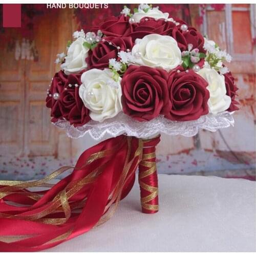 30 Rose Wedding Bouquets 2020 Handmade Bridal Flower Wedding Party Gifts Wedding Accessories Flowers Pears beaded with Ribbon