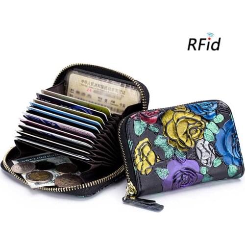 RFID Credit Card Holder Women Coin Purse Female Genuine Leather Rose Embossed Lady Wallets Business ID Card Holder Storage Bags