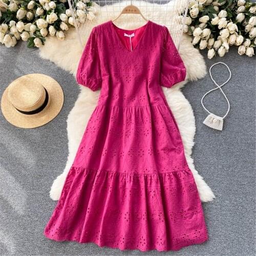 Loose Casual Korea Dress Women Oversize Summer Dress Fashion O Neck Puff Sleeve Hollow Vestidos Female Robe Woman Clothing 2021