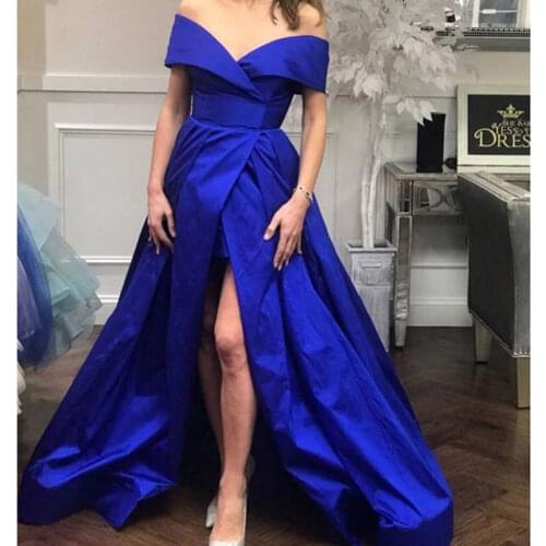 Blue Side Slit Off the Shoulder Prom Party Evening Dresses Vestido De Noiva Sereia Gown Robe De Soiree Simple Satin Lace-up