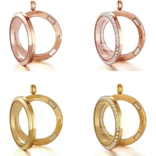316L Stainless steel Rose Gold 25 30mm Crystal Pendant Round Glass Locket Necklace for Floating Charms Keepsake Gifts