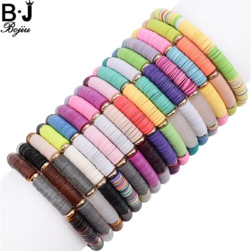 BOJIU Boho Multi-color Plastic Chips Bracelets For Women Handmade Jewelry Thin Disc Gold-color Rondelle Bracelet Femme BCSET40