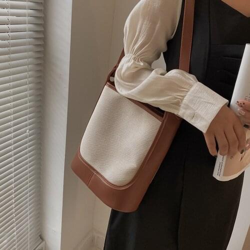 Brand Design Ladies Bucket Fashion Canvas Shoulder Bag Large Capacity High Quality Leather Messenger Bag Female Panelled Handbag