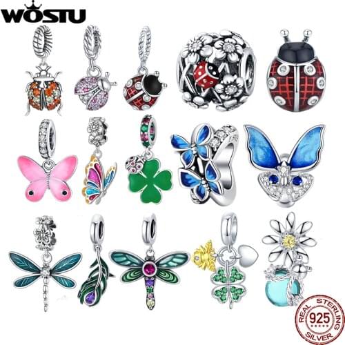 WOSTU Authentic 925 Sterling Silver Ladybug Butterfly Beads Charms Pendant Fit Bracelets Women Fashion DIY Jewelry Gift Making
