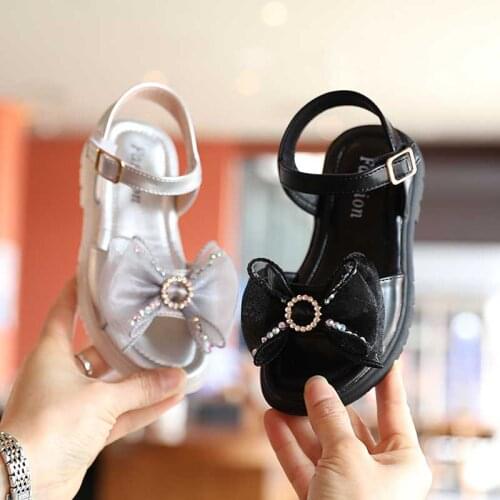Kids Lace Bowknot Sandals Girls Princess Shoes Summer Flat Heel Sandal 2021 Child Non-slip Outside Beach Shoe 26-36 Black