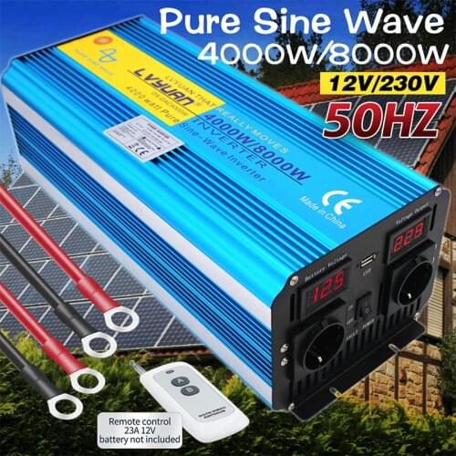 Remote Control Pure Sine Wave Inverter DC 12V/24V to AC 220V 230V 50Hz Voltage Display 5000W/6000W/8000W Car Inverter EU Socket