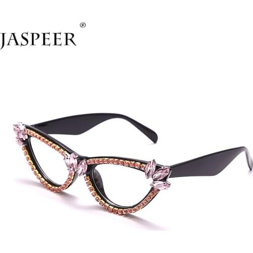 JASPEER Diamond Cat Eye Glasses Frames Women 2021 Trendy Rhinestone Handmade Eyeglasses Ladies Vintage Handmade Eyewear