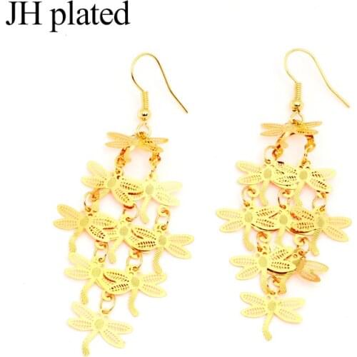JHplated 2019 Fashion Earrings for Gold Color Jewelry Woman Wholesale Wedding gift Arab Ladies beautiful Dragonfly Pendant
