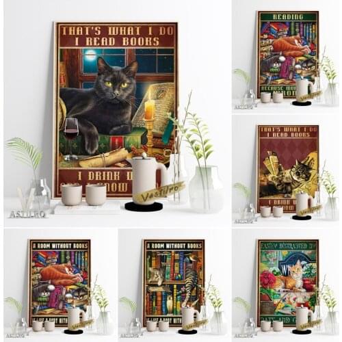 Lovely Kitten Reading Book Vintage Art Prints Poster Library Wall Picture Canvas Painting Home Decor Pet Cat Enthusiast Gift