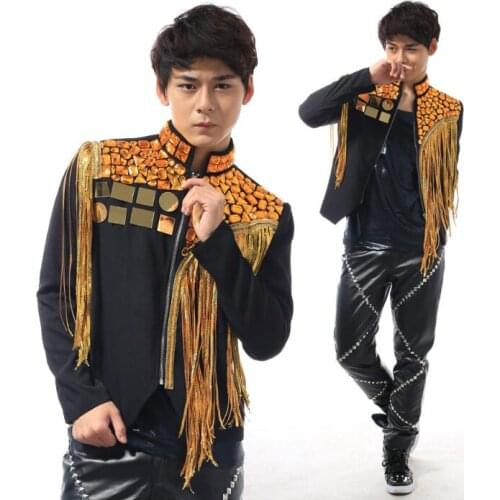 Gold tassel blazer men latest coat designs men costume homme stand collar paillette mens jackets personality stage singer black