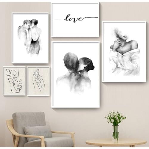Wall Art Canvas Painting Nordic Print Posters Wall Pictures Room Decor Black White Sketch Girl Lover Line Art Face Body Abstract