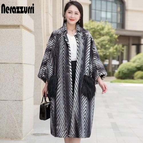 Nerazzurri Winter Oversized Thick Warm Fluffy Faux Mink Fur Coat Women with Fox Fur Pockets Designer Loose Korean Fashion 2021