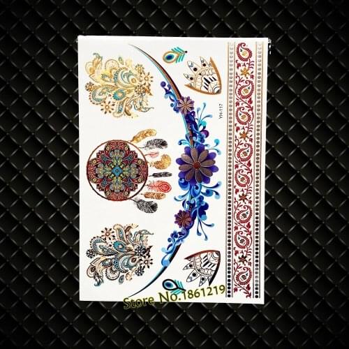 New Gold Flash Henna Temporary Tattoo Dreamcatcher Peacock Feather Fake Metallic Waterproof Tattoo Jewelry Sticker Fish GYH-117