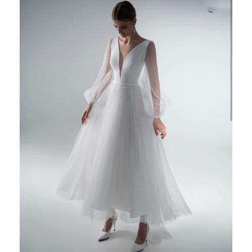 Wedding Dress 2021 A-Line Short Long Sleeve Tulle Sexy Deep V-Neck Ankle Length Bridal Gowns Elegant Backless Custom Made Robe