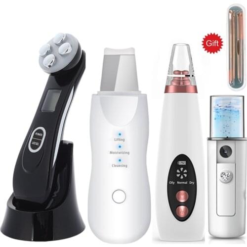 RF EMS LED Mesotherapy Facial Massager+Ultrasonic Skin Scrubber+Blackhead Remover Electric Pore Cleaner+Nano spray Face Steamer