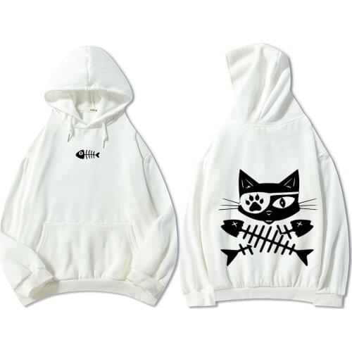 Harajuku Black Skull Bone Printed Cat Hoodie for Women Oversized Sweatshirts Hoody Casual Pullovers Cotton Hipster Hip Hop Tops