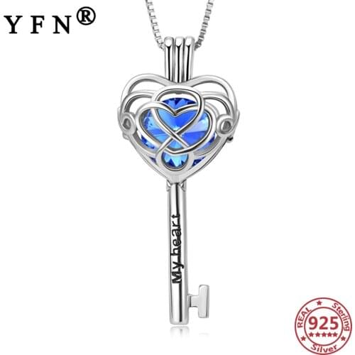 YFN 925 Sterling Silver Cage Necklace With Crystal from Swarovski Love Heart Key Openable Necklace Pendant Valentines Day Gifts