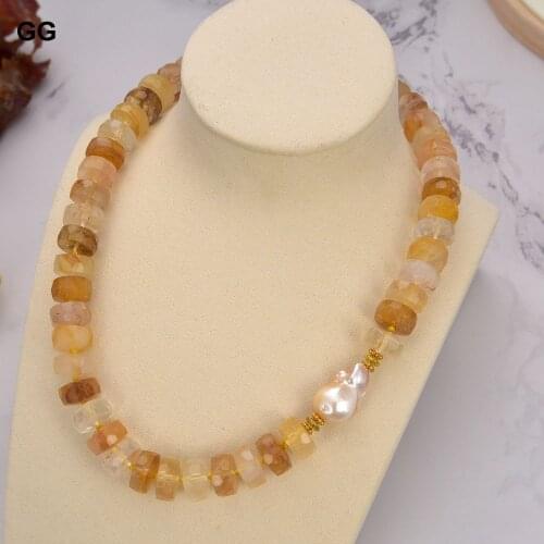GuaiGuai Jewelry 20" Brazilian Golden Quartz Faceted Rondelle Wheel Pink Keshi Pearl Necklace