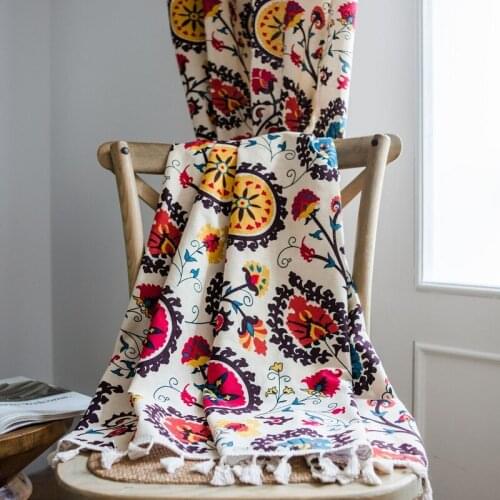 Curtains Finished Cotton Linen Boho Flower Geometric Printed Curtain Semi Blackout for Kitchen Living Room Bay Window Home Decor