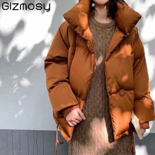 Gizmosy Winter Down Cotton Jacket Women Warm Thicken Parkas Coat Female Short Oversized Padded Jacket Casual Loose Outerwear