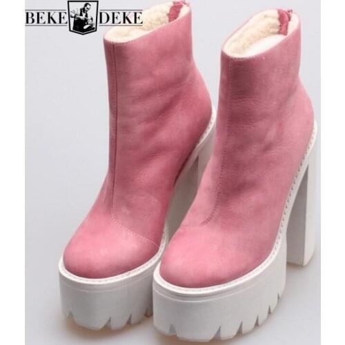 Height Increasing Slim Thick Bottom Platform Womens Chelsea Boots High Heel Round Toe Zip Female Genuine Leather Ankle Boots