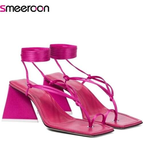 Smeeroon 2021 New Arrive High Heels Sandals Women Shoes Silk Flip Flops Sexy Fashion Cross Tied Sandals Women Prom Shoes
