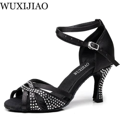 WUXIJIAO womens Latin dance shoes salsa black/bronze heel 7.5cm adults ballroom dancing shoes high heel soft bottom