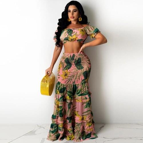 Floral Print Elegant Two Piece Dress Set Summer Vacation Outfits Slash Neck Crop Tops+ruched Ruffles Mermaid Maxi Skirt Outfit