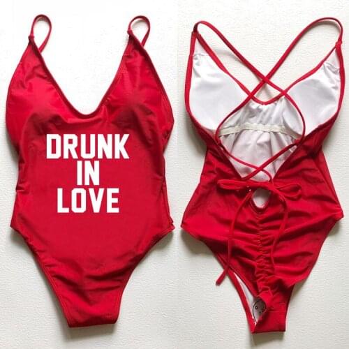 DRUNK IN LOVE Letter Print Swimsuit Women Adjustable straps Swimwear Female Thong Padded One Piece Bathing Suit Beachwear badpak