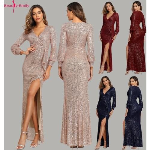 Beauty-Emily Sexy Sequins Evening Dresses Long High Split Formal Party Dress Crystal V Neck Full Sleeve Prom Gown robe de soiree