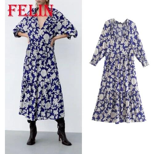 Za 2021 Chic Floral Print Vintage Women Dress Long Sleeve V Neck Loose Fashion Autumn Dress Elegant Mujer Vestidos