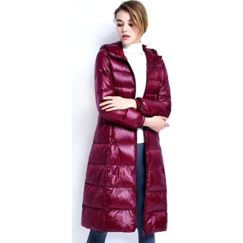 Winter Thin Light White Duck Down Jacket Women Plus Size Super Long Warm Hooded Slim Korean Coat Outerwear BOoDinerinle YR002