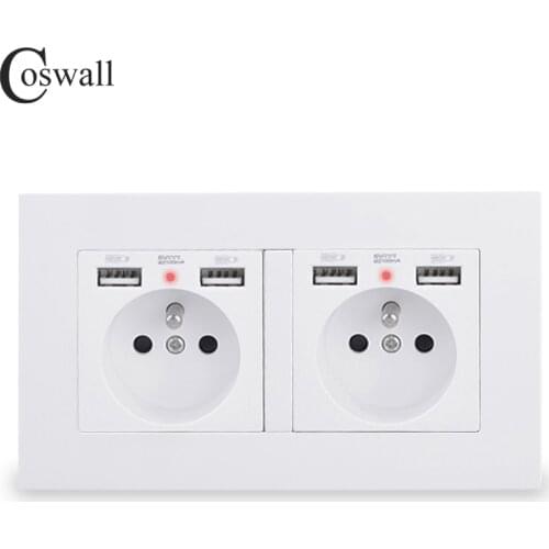 COSWALL 2 Gang French Standard Wall Socket With 4 USB Charge Port Hidden Soft LED Indicator E20 Series PC Panel Black White Grey