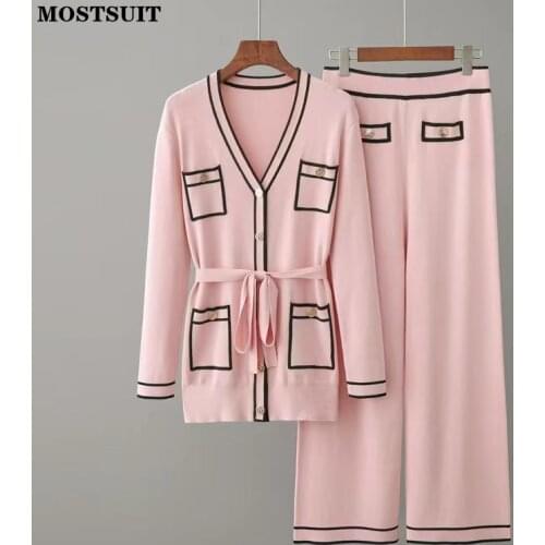 Elegant Knitted Two Piece Pants Set Women Full Sleeve Long Cardigan + Wide Leg Pants Set Vintage Ladies Chic Women Set 2021