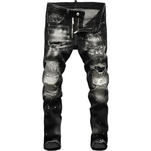 European American Street Fashion Men Jeans Retro Black Gray Destroyed Slim Ripped Jeans Men Designer Hip Hop Denim Punk Pants