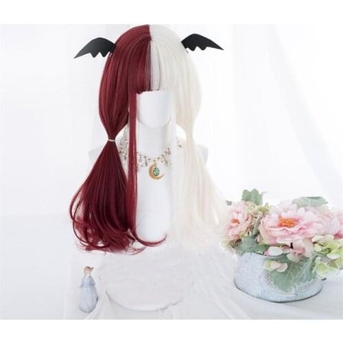 CosplayMix Half Red Mixed White Bob Ombre 65CM/40CM Long Straight Wavy Bangs Cute Synthetic Halloween Cosplay Wig+Cap
