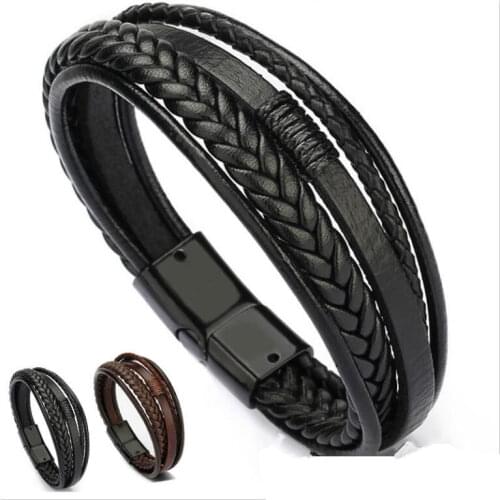 New 2020 Mens leather bracelet Leather bangles for men Magnetic-Clasp Cowhide Braided Multi Layer Wrap Bracelet man