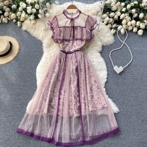 Dress 2021 New Summer Mesh Mid-length Floral Fairy Dresses