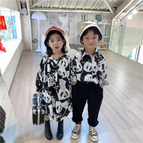 Family Matching Clothes Outfits 2021 Spring Boys Shirt Girls Cute Panda Printed Dress Baby Kids Sisters Brothers Blouse Clothing