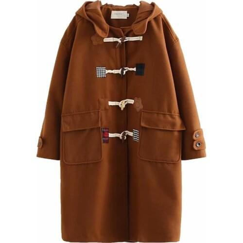 Solid Horn Button Long Straight Hooded Wool Coats Women 2020 Winter Long Sleeve Korean Casual Ladies Warmness Vintage Outwear