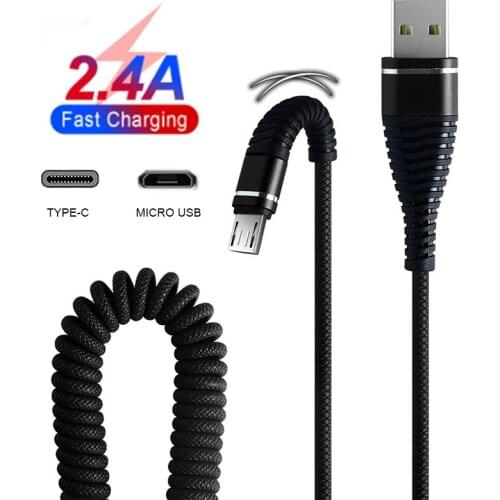 Spring Micro USB Cable Type C 2.4A Fast Charger For Samsung Car Retractable Data Transmission Cord For Samsung Huawei For Xiaomi