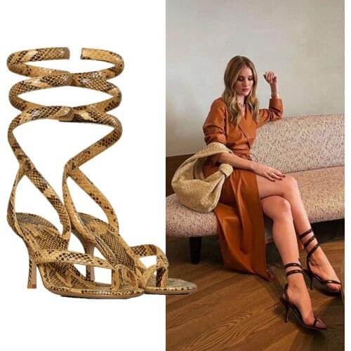 2021 Summer Sandals Women New Snake Winding Strap Clip Toe High Heel Gladiator Sandals Womens Shoes Sexy Stiletto Heels Slides