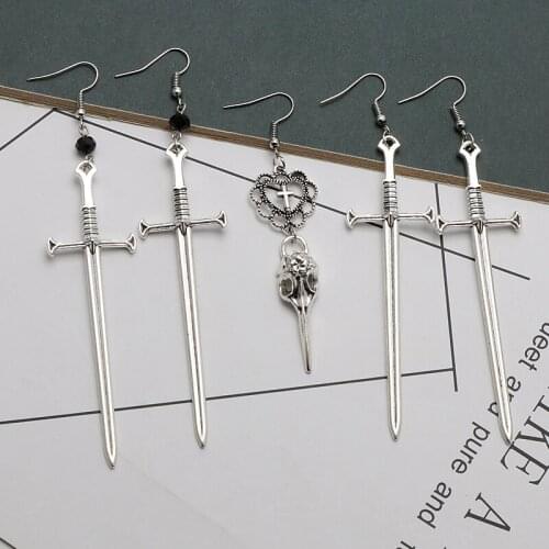 Gothic silver color viking sword drop earrings retro bird crow skull heart cross jewelry men women fashion gifts new